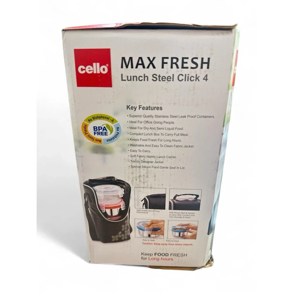 NEW Cello Max Fresh Click Steel Leakproof Lunch Box Set with Bag 4 Containers